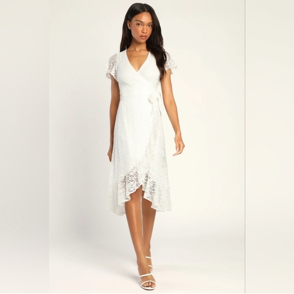 Lulus Dresses & Skirts - Lulu’s Daily Angel White Lace Flutter Sleeve Midi Wrap Dress